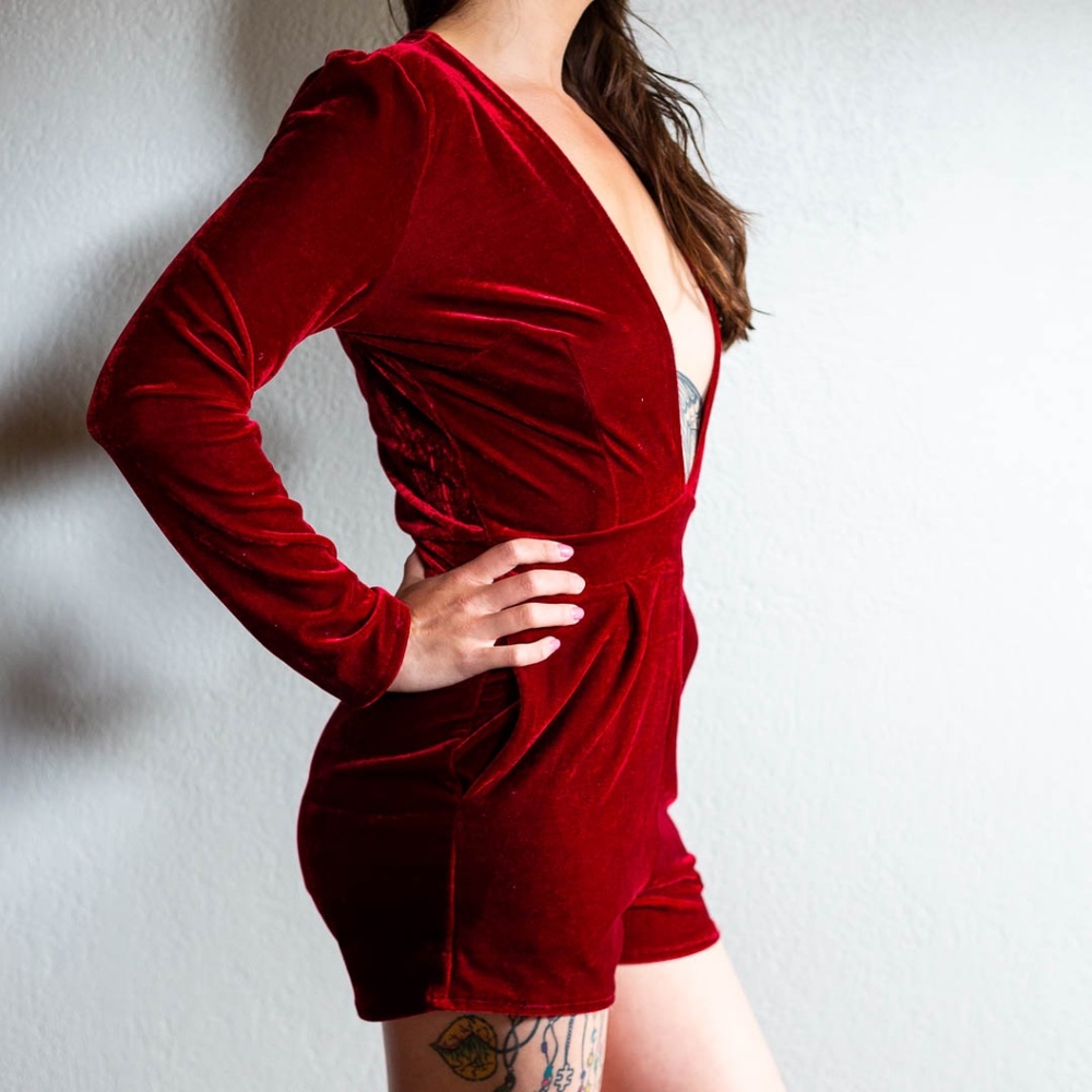 Crushed Velvet crimson red romper jumpsuit onesie!